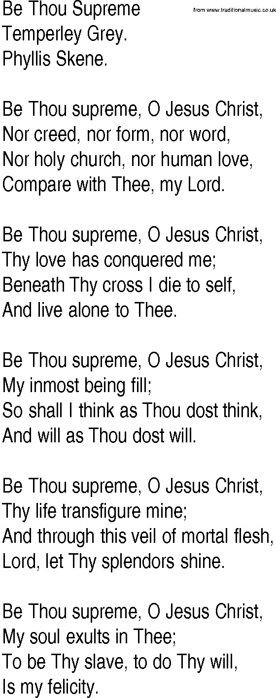 Hymn and Gospel Song: Be Thou Supreme by Temperley Grey lyrics
