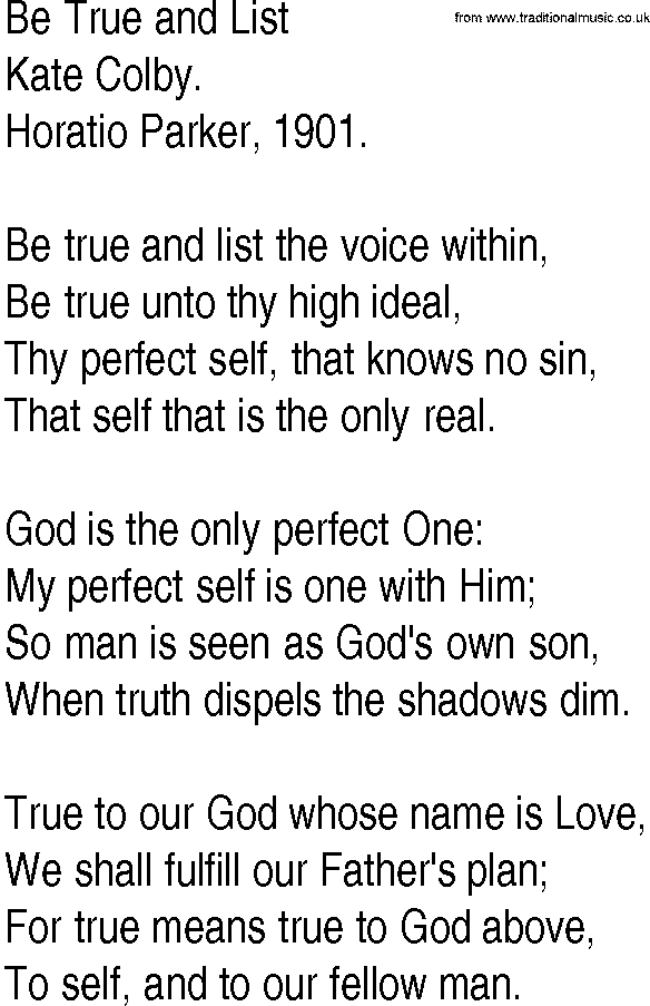 Hymn and Gospel Song: Be True and List by Kate Colby lyrics