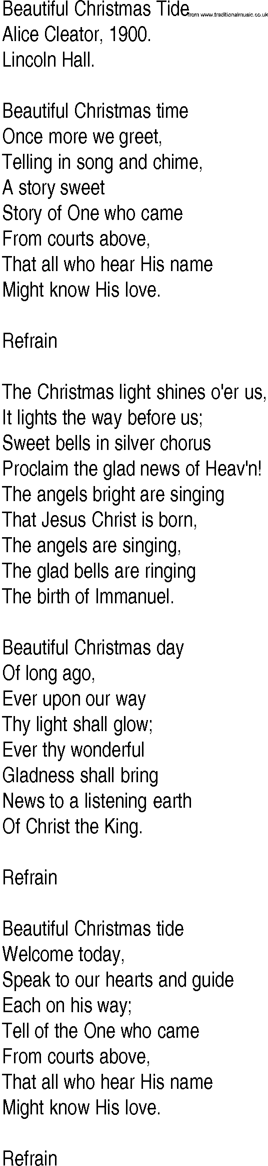 Hymn and Gospel Song: Beautiful Christmas Tide by Alice Cleator lyrics
