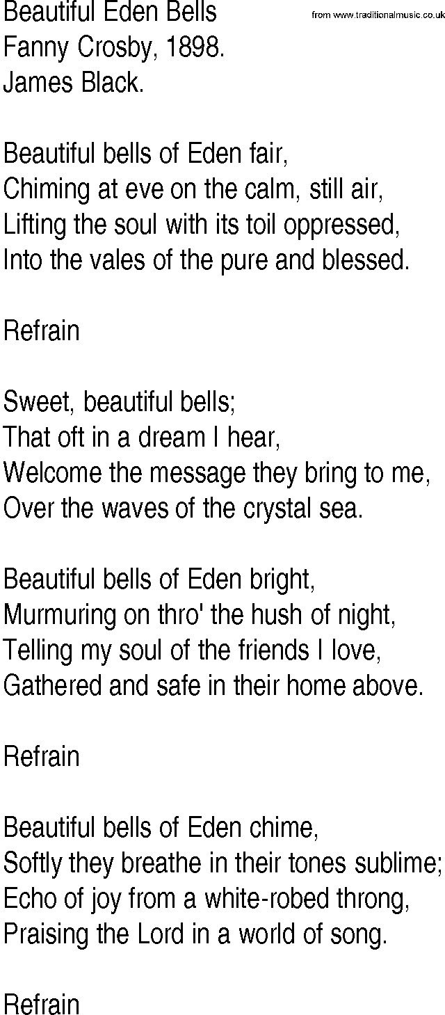 Hymn and Gospel Song: Beautiful Eden Bells by Fanny Crosby lyrics