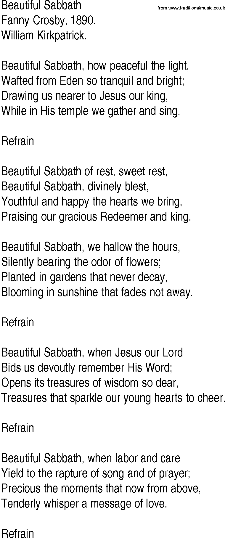 Hymn and Gospel Song: Beautiful Sabbath by Fanny Crosby lyrics