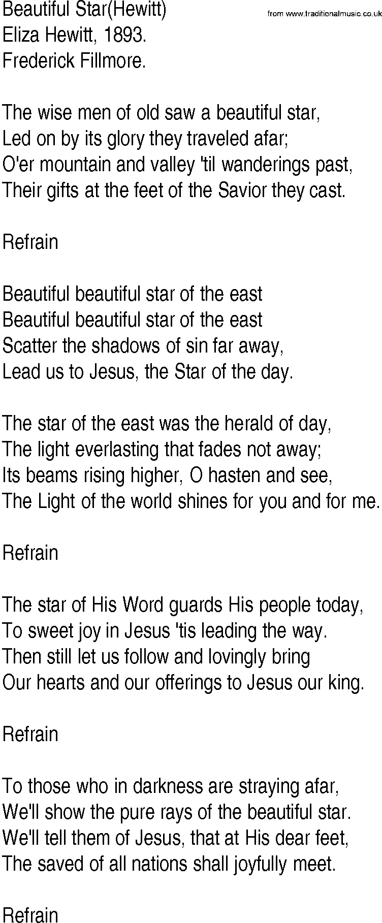 Hymn and Gospel Song: Beautiful Star(Hewitt) by Eliza Hewitt lyrics