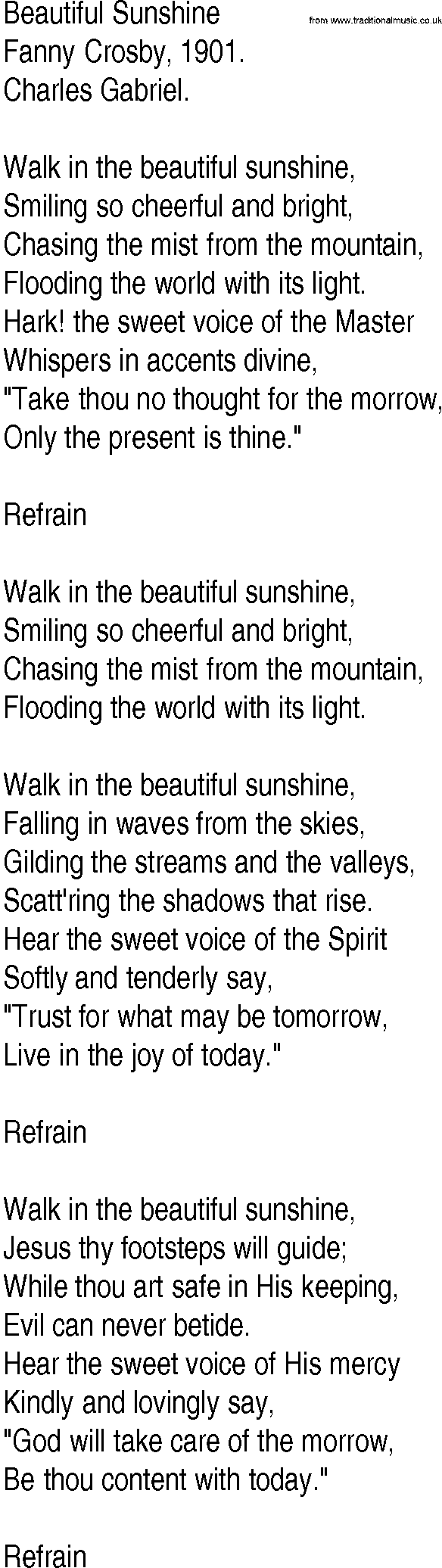 Hymn and Gospel Song: Beautiful Sunshine by Fanny Crosby lyrics