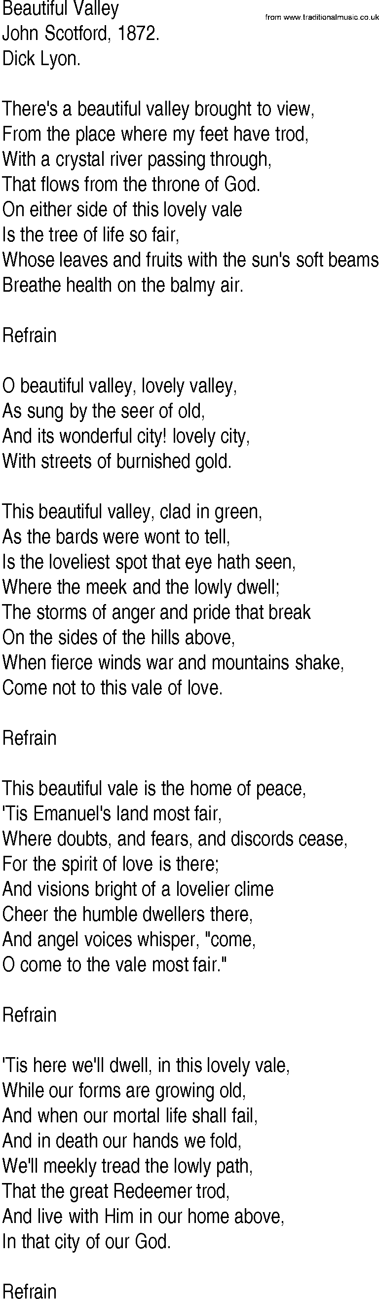 Hymn and Gospel Song: Beautiful Valley by John Scotford lyrics