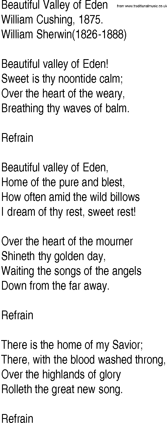 Hymn and Gospel Song: Beautiful Valley of Eden by William Cushing lyrics
