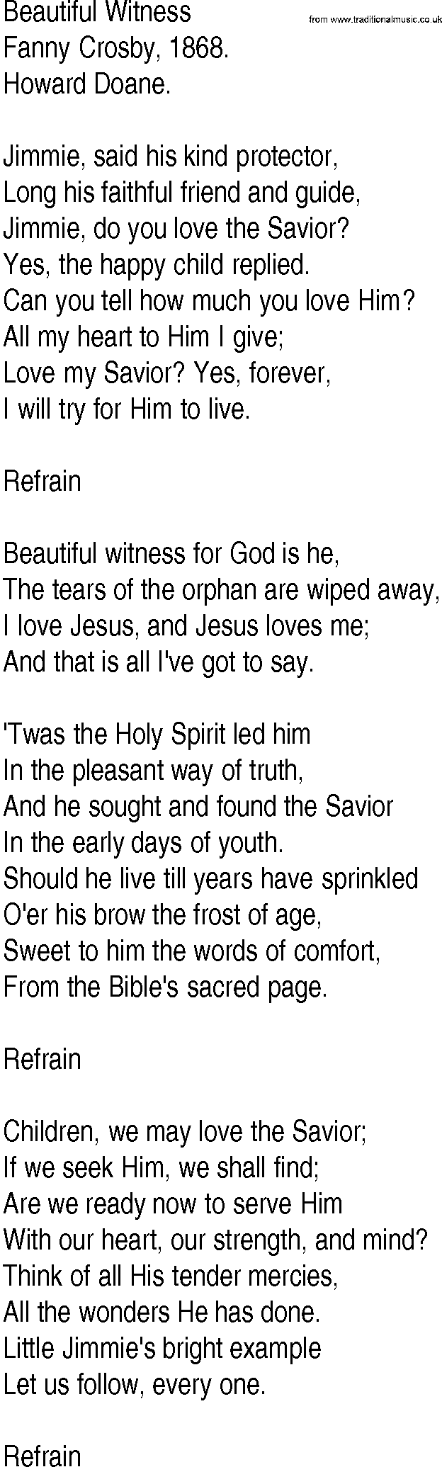 Hymn and Gospel Song: Beautiful Witness by Fanny Crosby lyrics