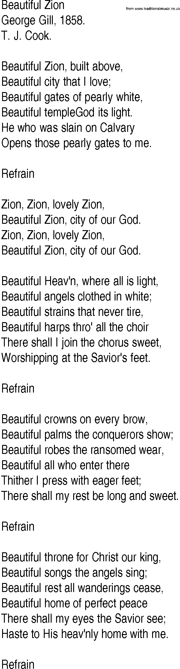 Hymn and Gospel Song: Beautiful Zion by George Gill lyrics