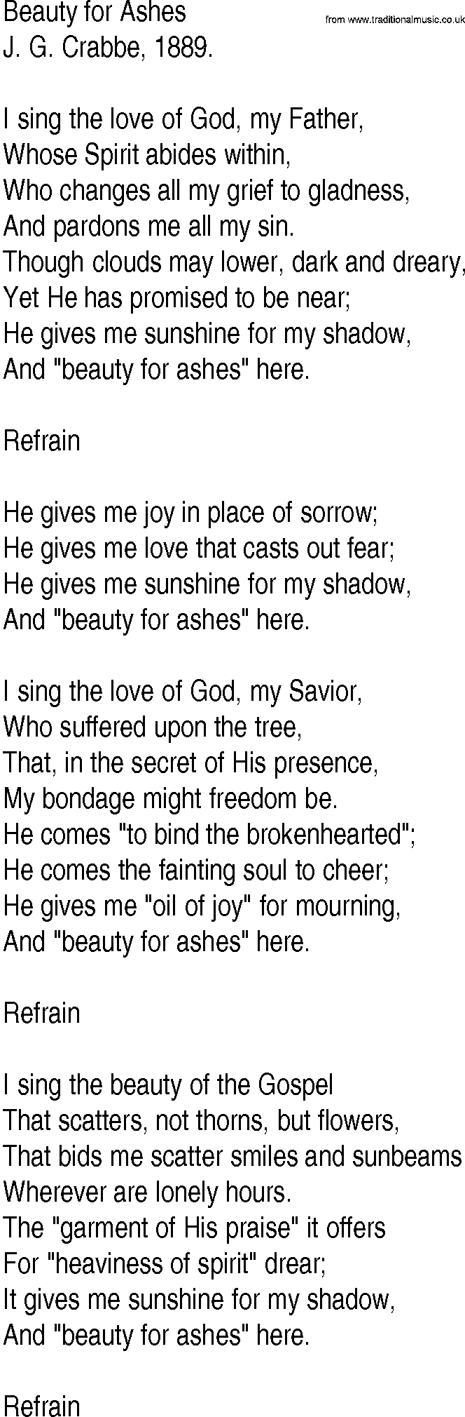 Hymn and Gospel Song: Beauty for Ashes by J G Crabbe lyrics