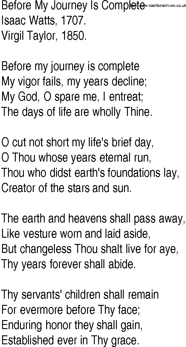 Hymn and Gospel Song: Before My Journey Is Complete by Isaac Watts lyrics
