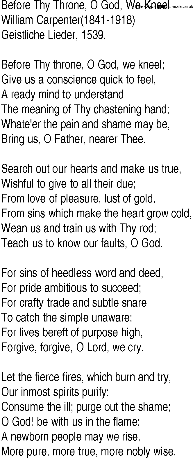 Hymn and Gospel Song: Before Thy Throne, O God, We Kneel by William Carpenter lyrics