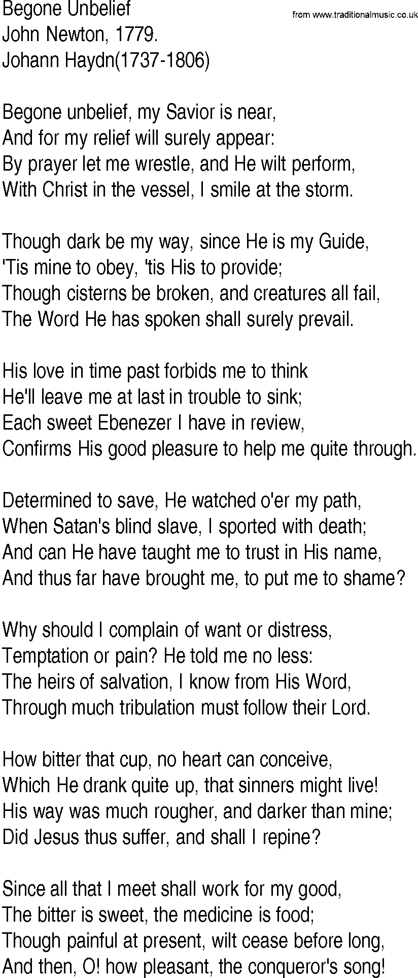 Hymn and Gospel Song: Begone Unbelief by John Newton lyrics