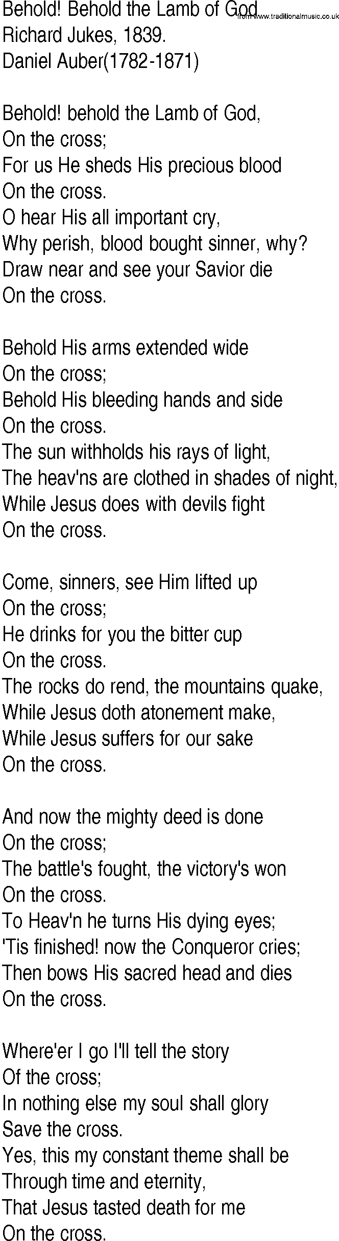 Hymn and Gospel Song: Behold! Behold the Lamb of God by Richard Jukes lyrics