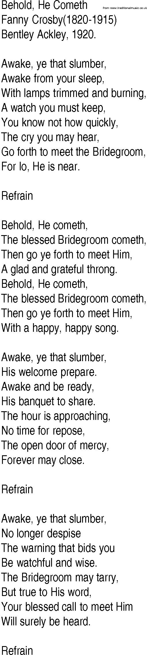 Hymn and Gospel Song: Behold, He Cometh by Fanny Crosby lyrics