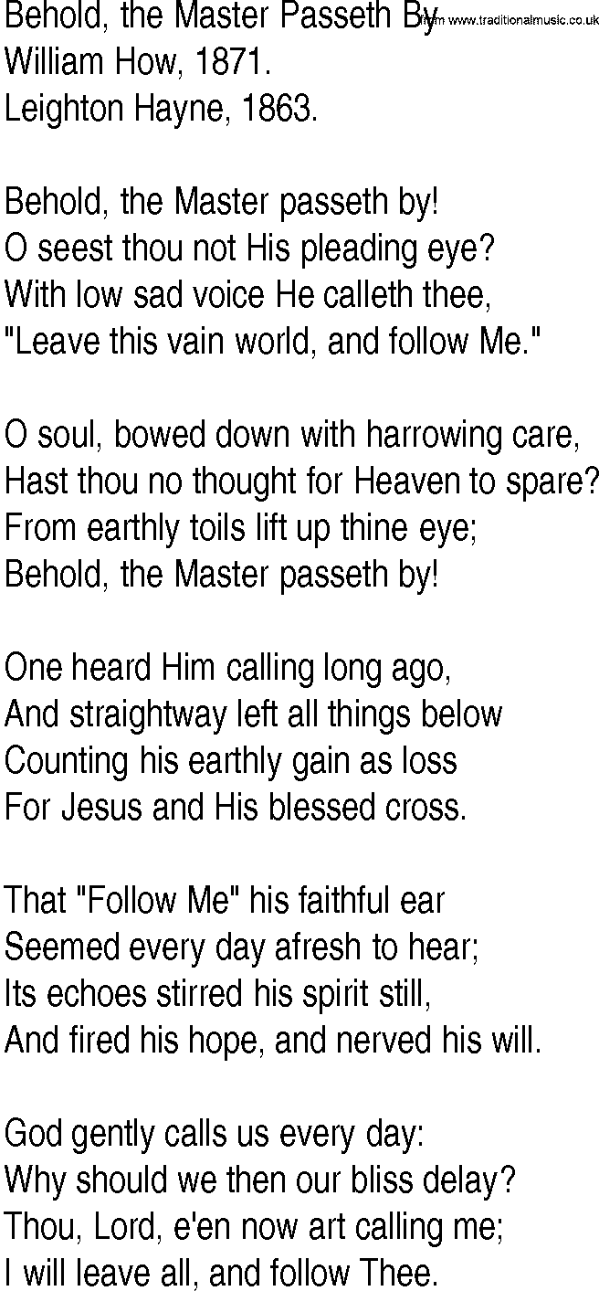 Hymn and Gospel Song: Behold, the Master Passeth By by William How lyrics