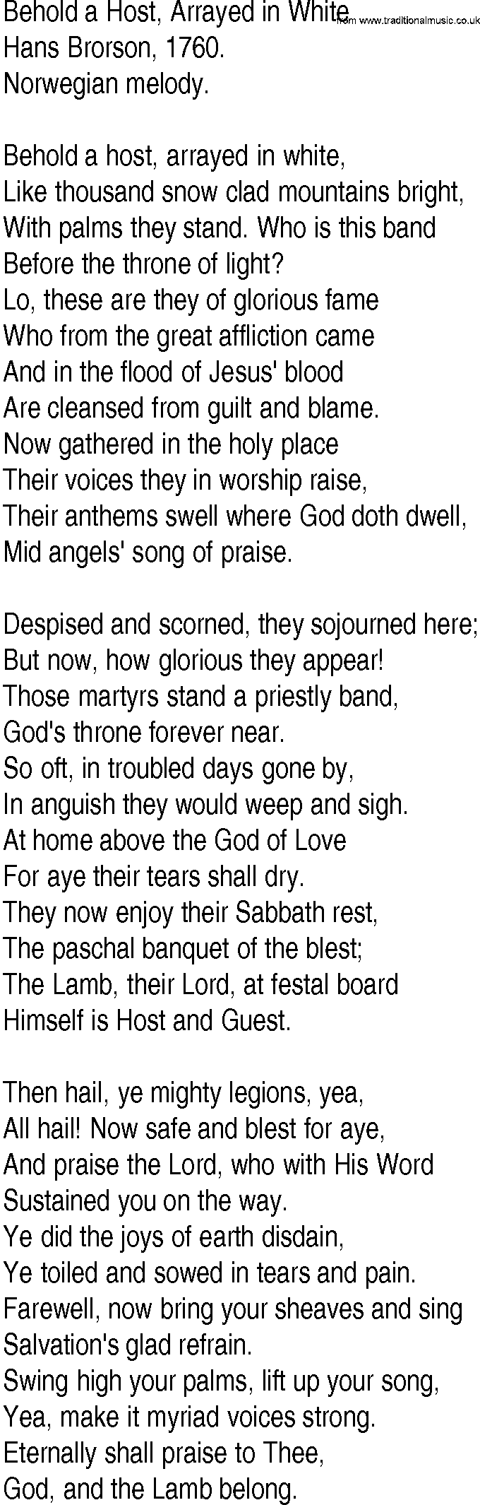 Hymn and Gospel Song: Behold a Host, Arrayed in White by Hans Brorson lyrics