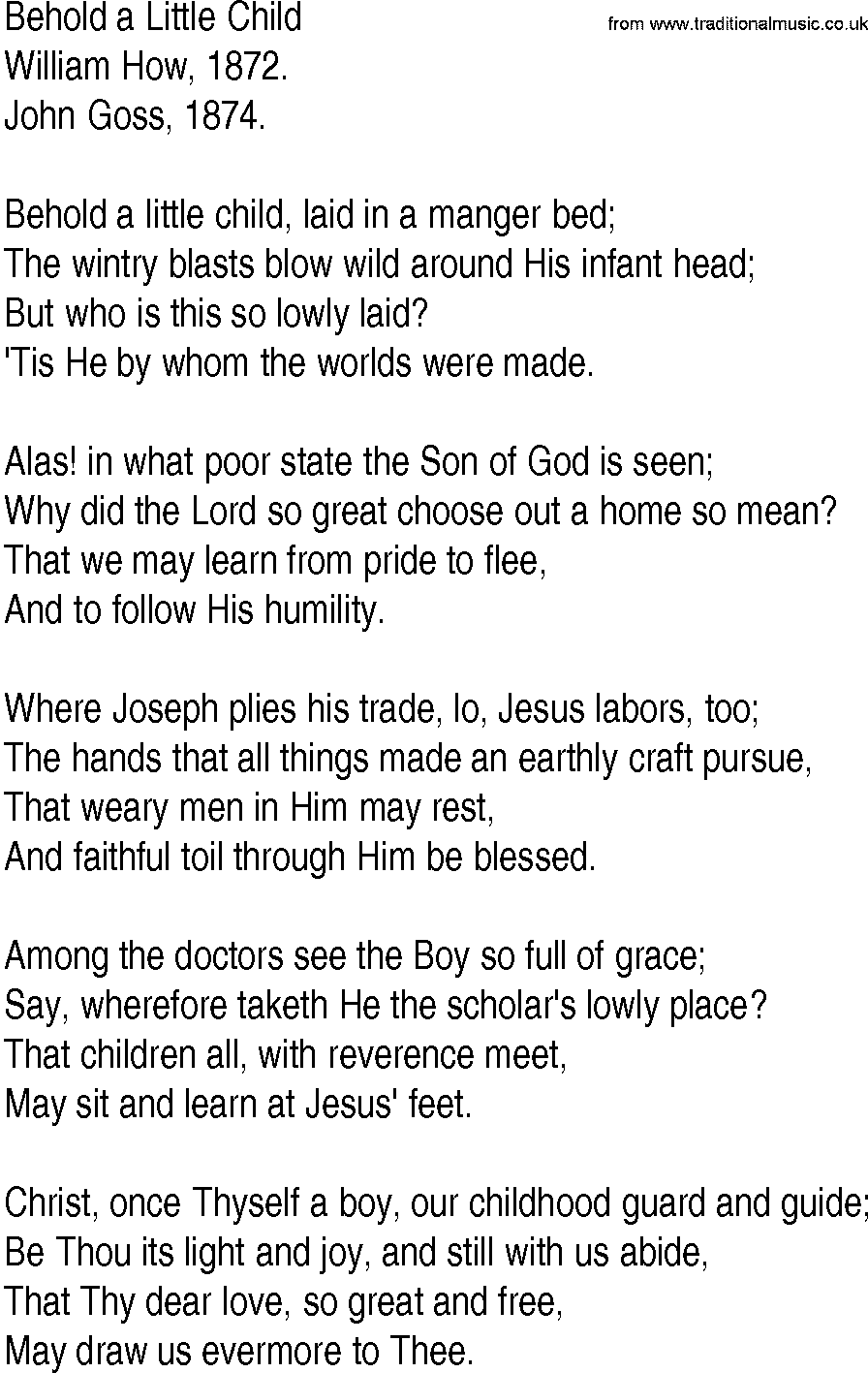 Hymn and Gospel Song: Behold a Little Child by William How lyrics