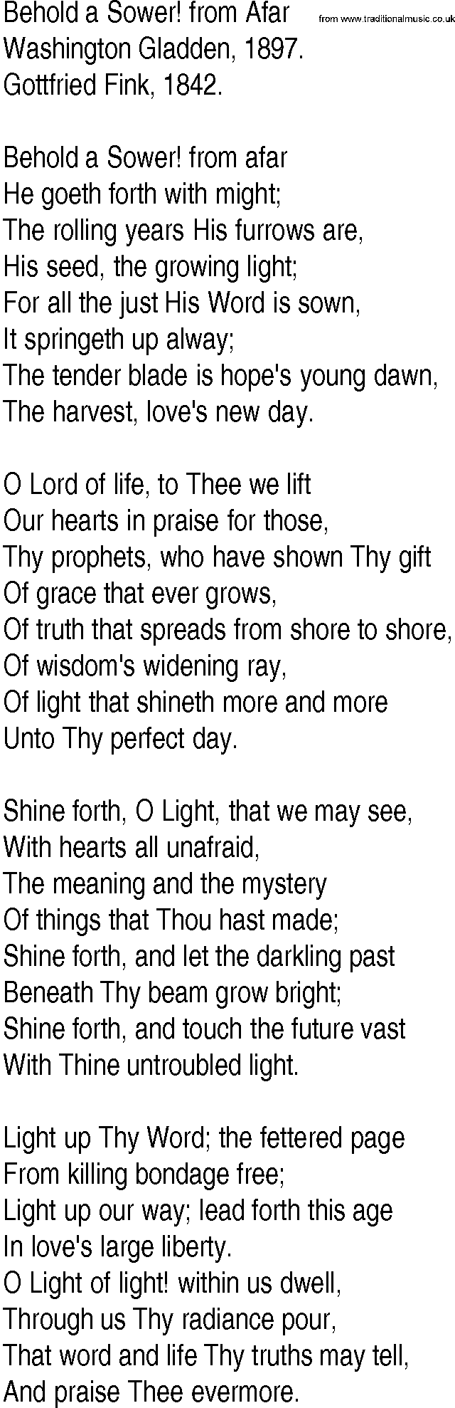 Hymn and Gospel Song: Behold a Sower! from Afar by Washington Gladden lyrics