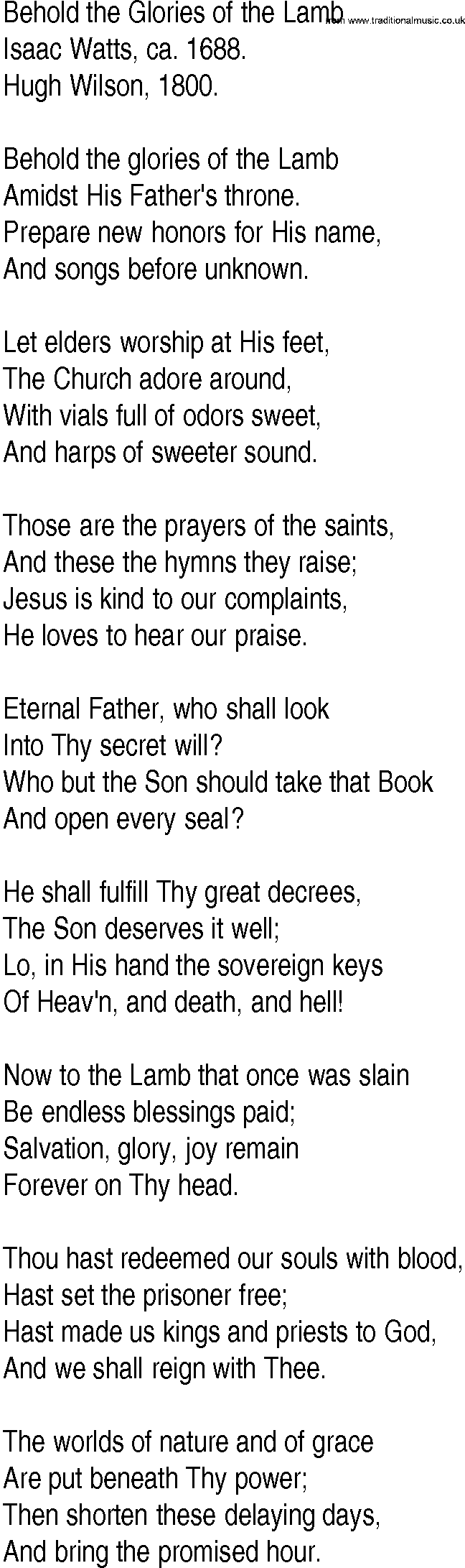 Hymn and Gospel Song: Behold the Glories of the Lamb by Isaac Watts ca lyrics