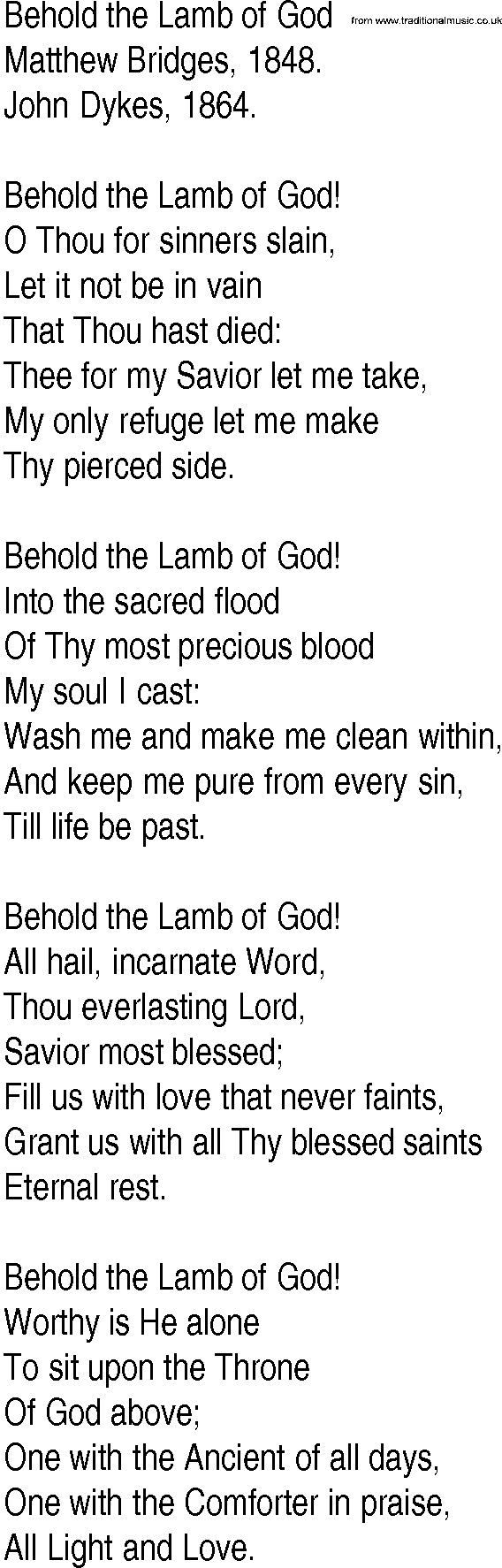 Hymn and Gospel Song: Behold the Lamb of God by Matthew Bridges lyrics