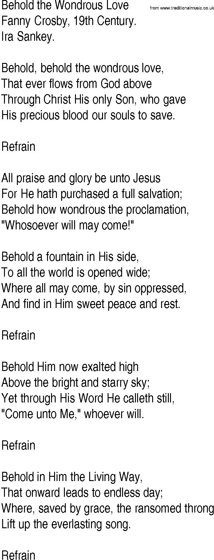 Hymn and Gospel Song: Behold the Wondrous Love by Fanny Crosby th Century lyrics
