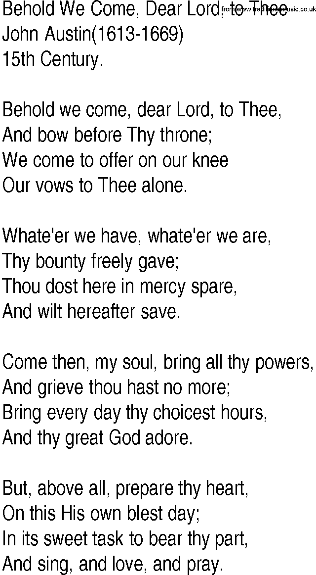 Hymn and Gospel Song: Behold We Come, Dear Lord, to Thee by John Austin lyrics