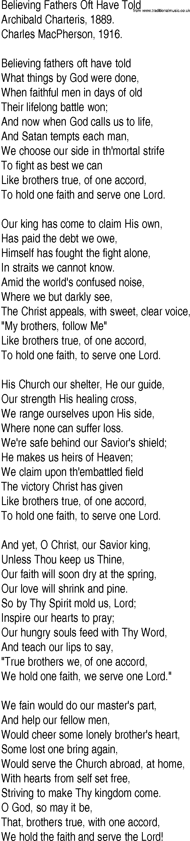 Hymn and Gospel Song: Believing Fathers Oft Have Told by Archibald Charteris lyrics
