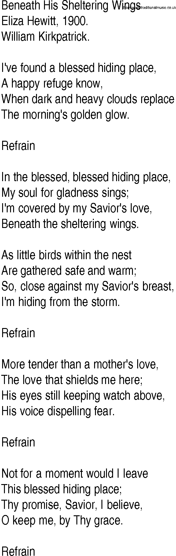 Hymn and Gospel Song: Beneath His Sheltering Wings by Eliza Hewitt lyrics