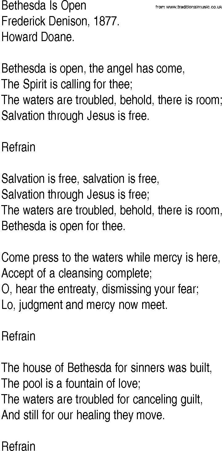 Hymn and Gospel Song: Bethesda Is Open by Frederick Denison lyrics