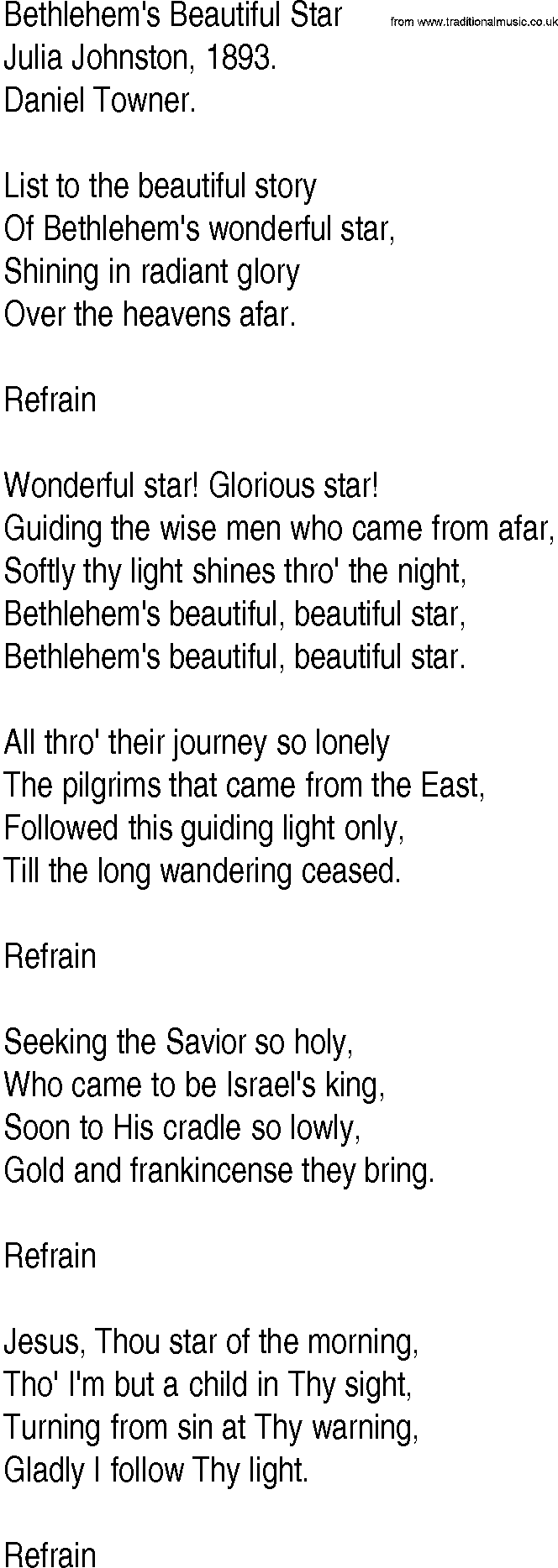 Hymn and Gospel Song Lyrics for Bethlehem's Beautiful Star by Julia