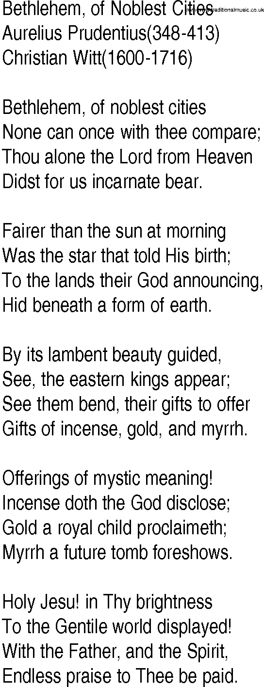 Hymn and Gospel Song: Bethlehem, of Noblest Cities by Aurelius Prudentius lyrics