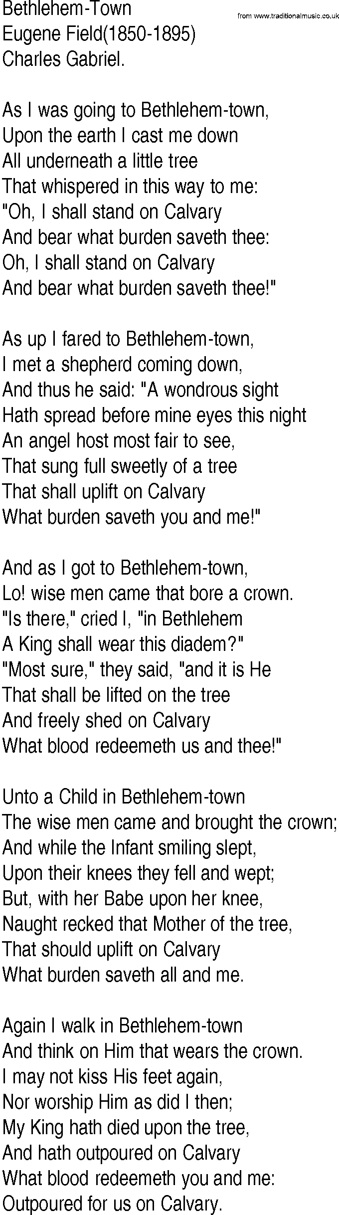 Hymn and Gospel Song: Bethlehem-Town by Eugene Field lyrics