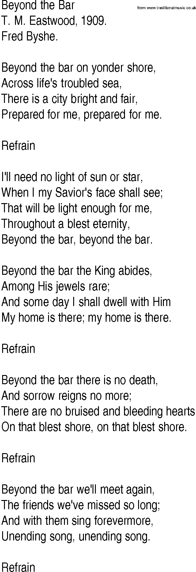 Hymn and Gospel Song: Beyond the Bar by T M Eastwood lyrics
