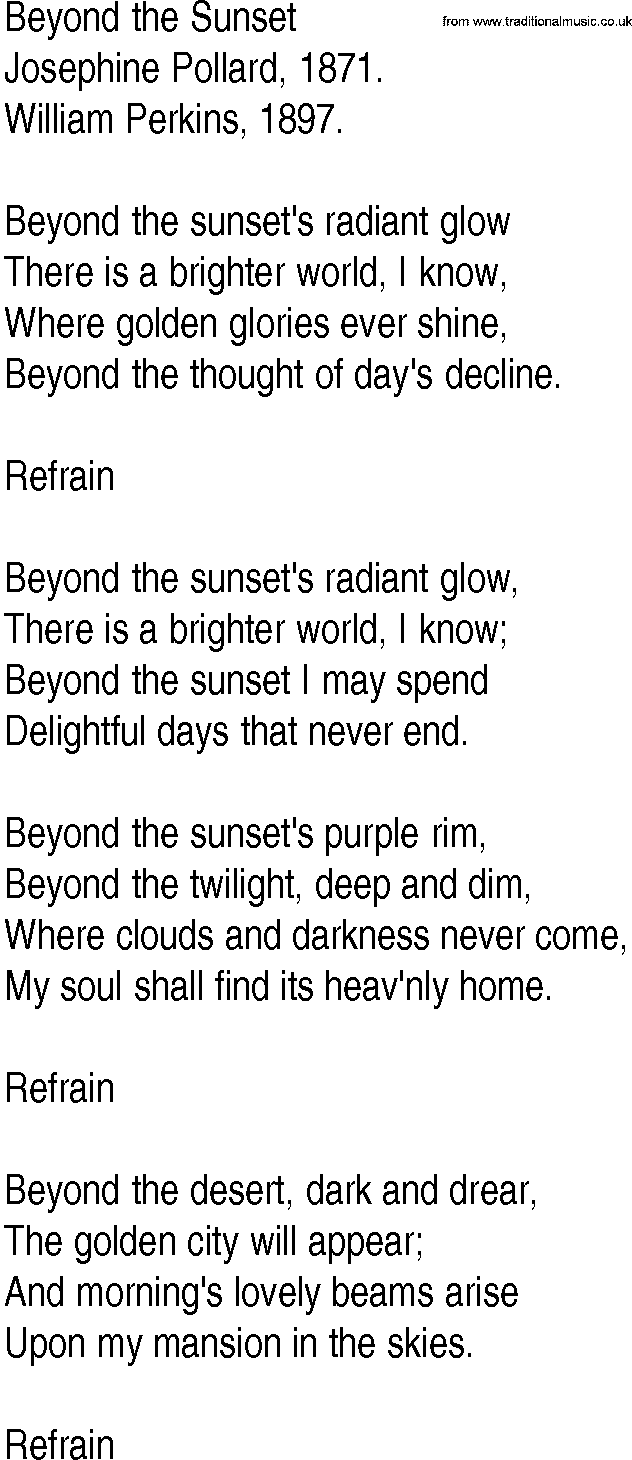 Hymn and Gospel Song: Beyond the Sunset by Josephine Pollard lyrics