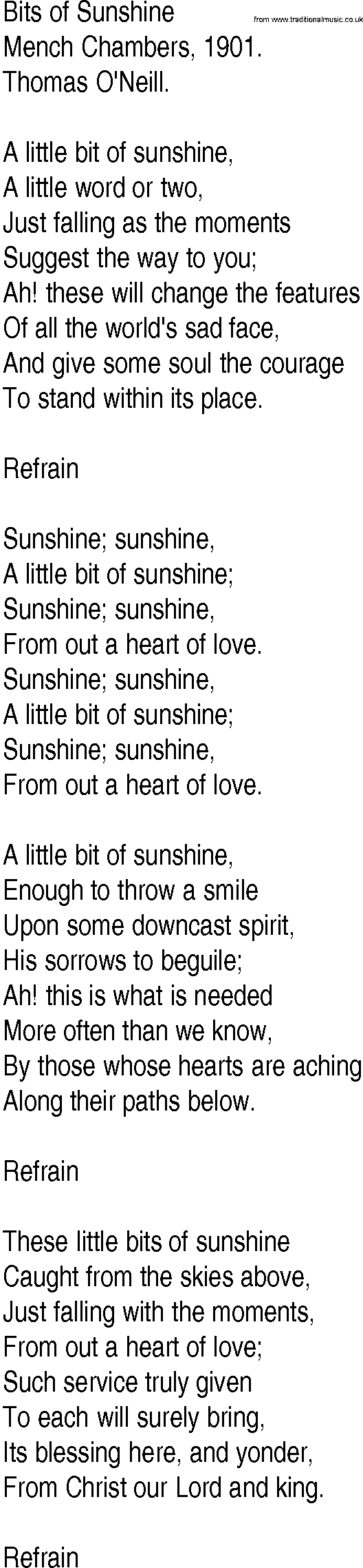 Hymn and Gospel Song: Bits of Sunshine by Mench Chambers lyrics