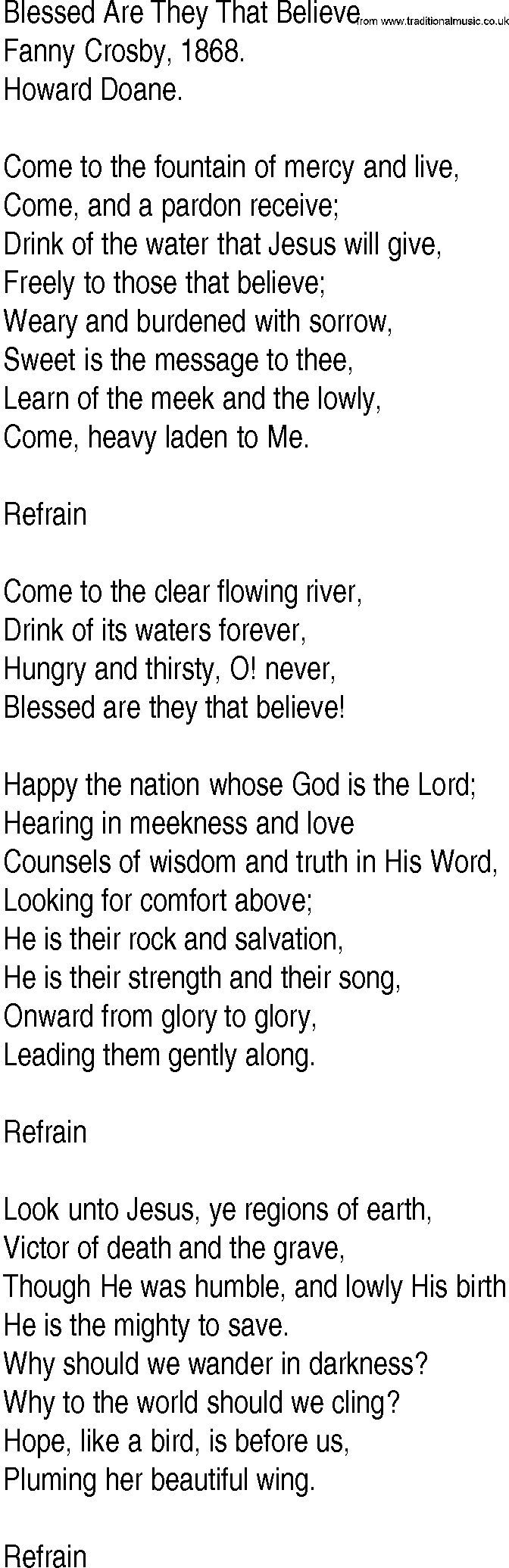 Hymn and Gospel Song: Blessed Are They That Believe by Fanny Crosby lyrics