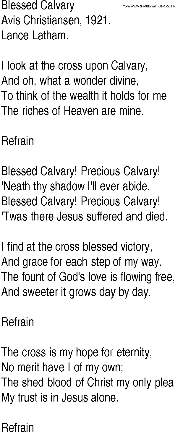 Hymn and Gospel Song: Blessed Calvary by Avis Christiansen lyrics