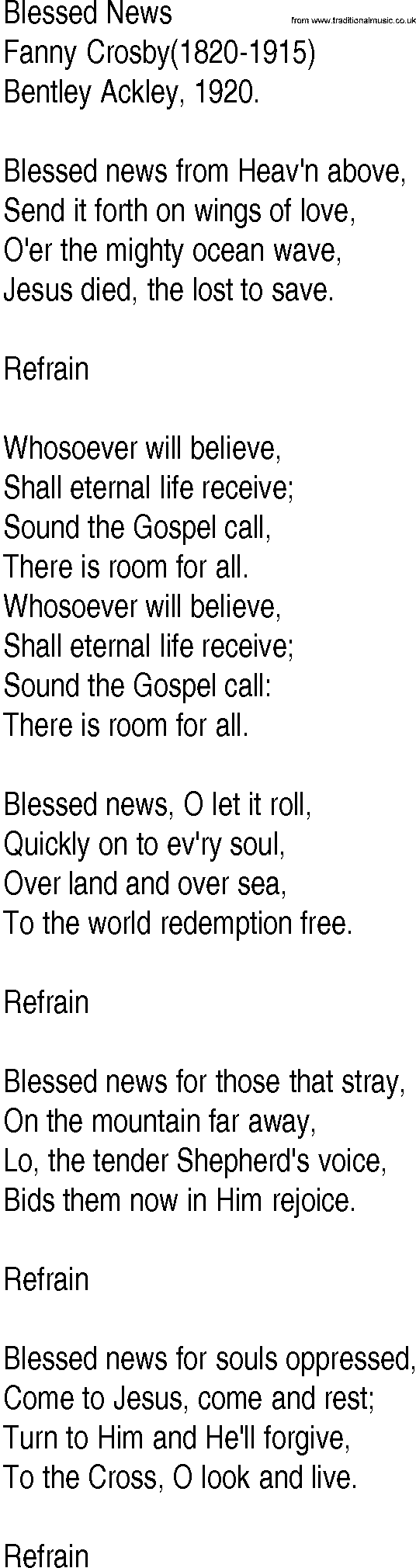 Hymn and Gospel Song: Blessed News by Fanny Crosby lyrics