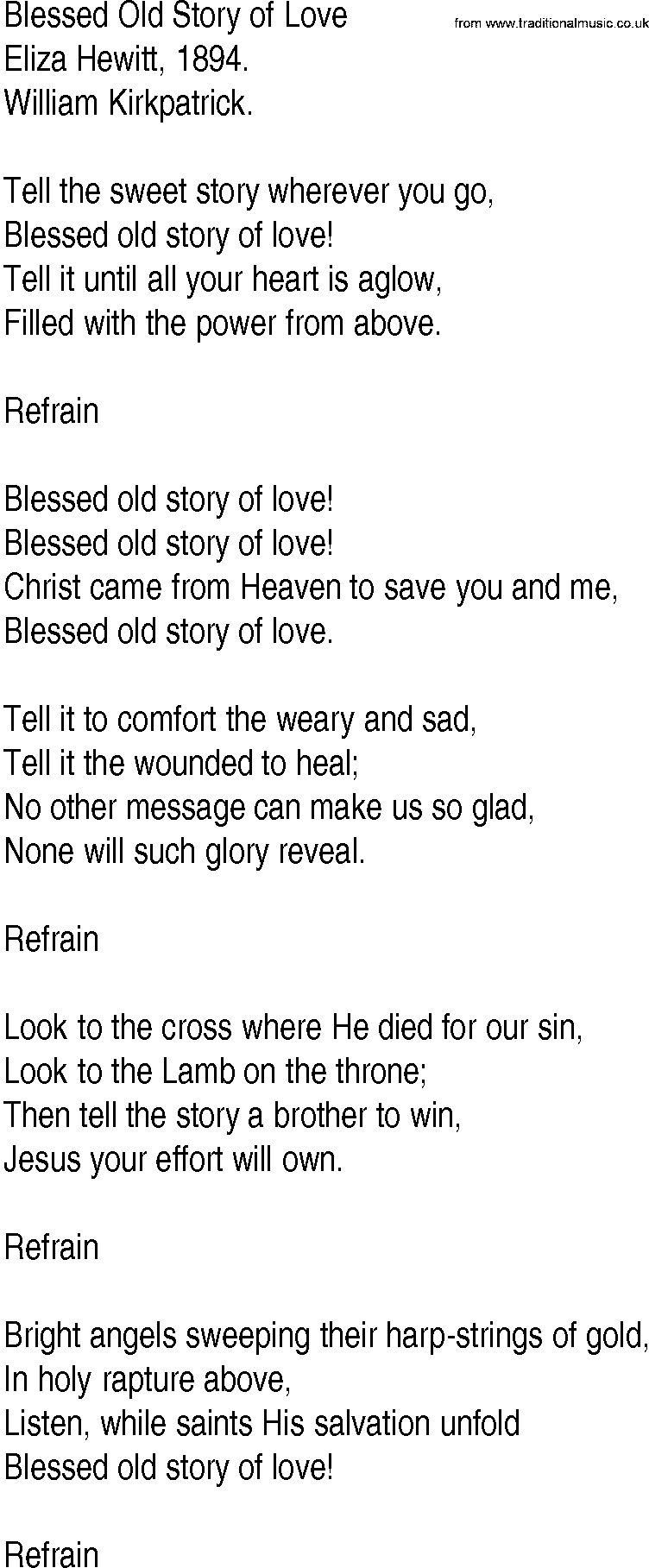 Hymn and Gospel Song: Blessed Old Story of Love by Eliza Hewitt lyrics