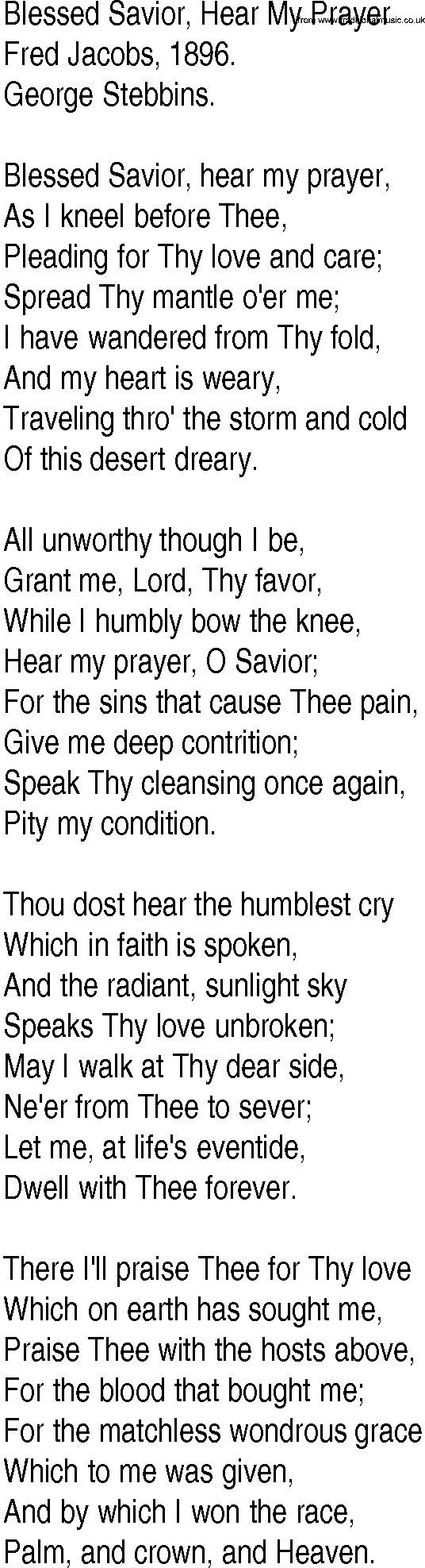 Hymn and Gospel Song: Blessed Savior, Hear My Prayer by Fred Jacobs lyrics