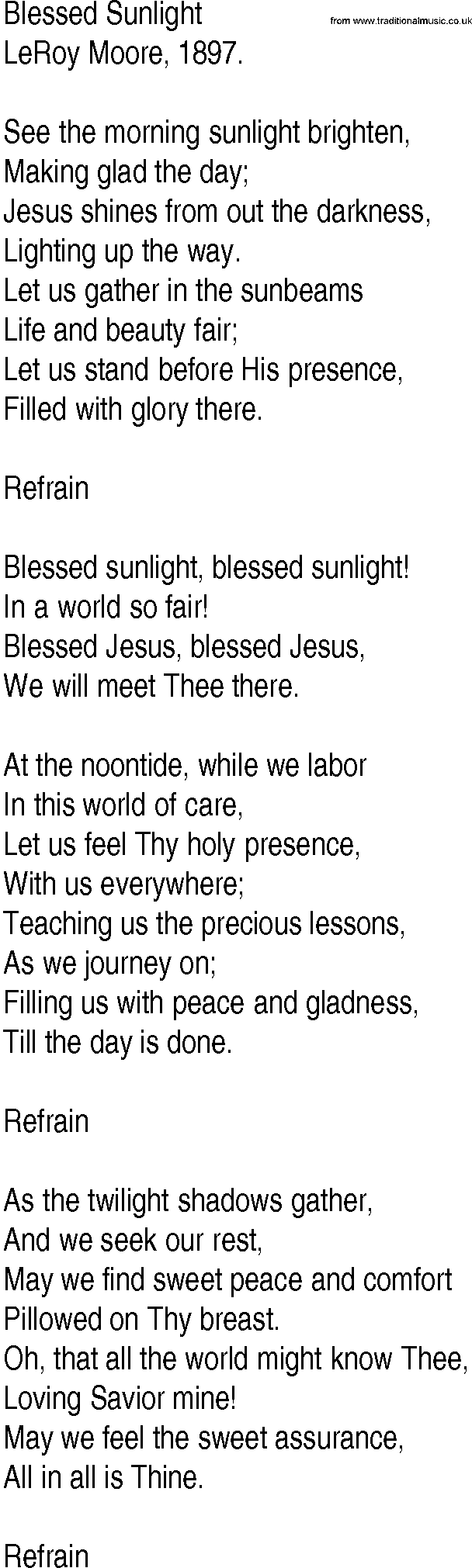Hymn and Gospel Song: Blessed Sunlight by LeRoy Moore lyrics