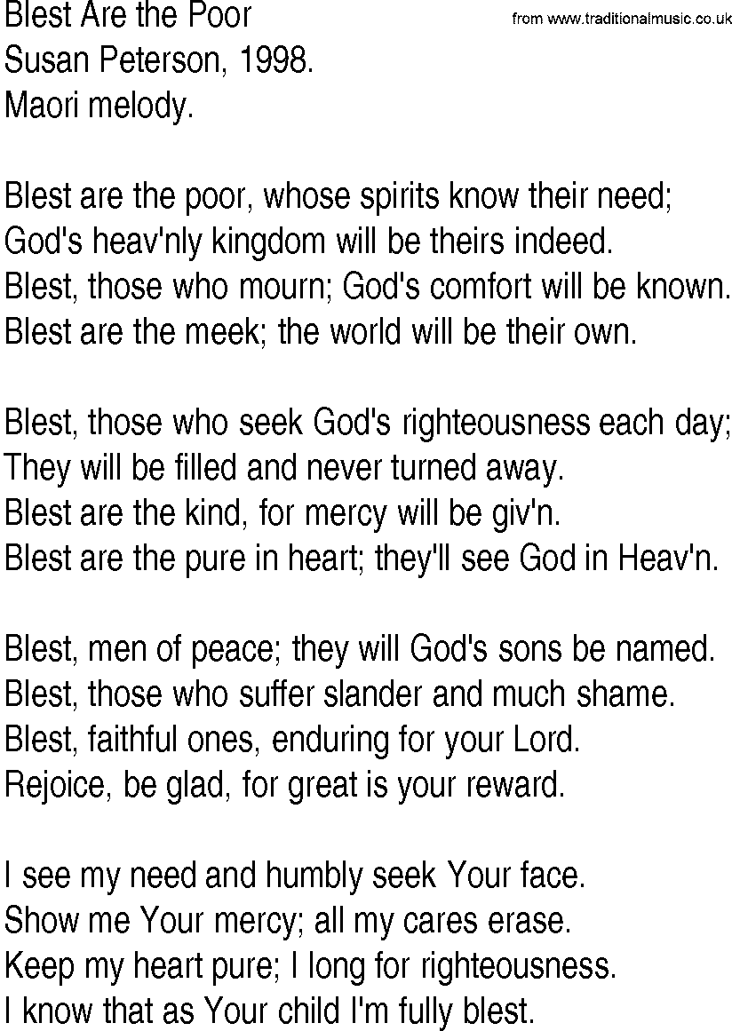 Hymn and Gospel Song: Blest Are the Poor by Susan Peterson lyrics