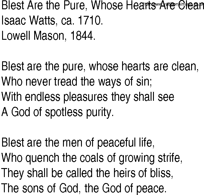Hymn and Gospel Song: Blest Are the Pure, Whose Hearts Are Clean by Isaac Watts ca lyrics