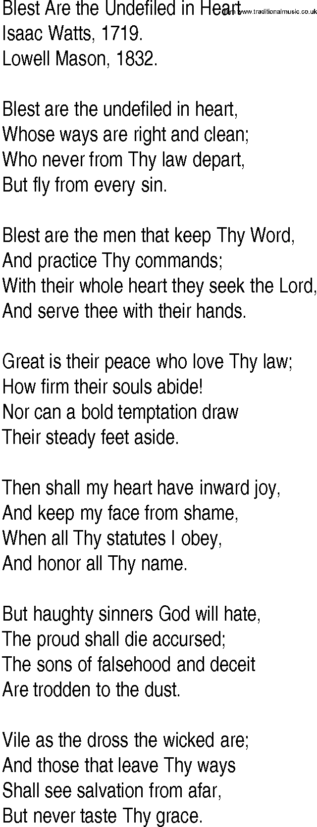 Hymn and Gospel Song: Blest Are the Undefiled in Heart by Isaac Watts lyrics