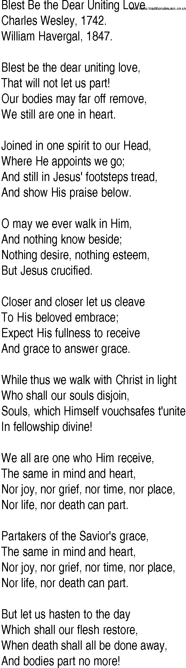 Hymn and Gospel Song: Blest Be the Dear Uniting Love by Charles Wesley lyrics
