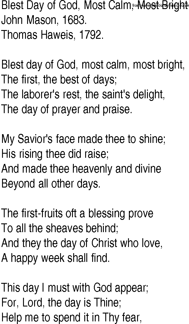Hymn and Gospel Song: Blest Day of God, Most Calm, Most Bright by John Mason lyrics