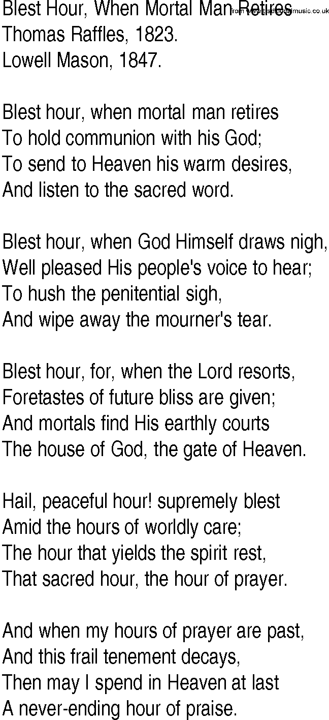 Hymn and Gospel Song: Blest Hour, When Mortal Man Retires by Thomas Raffles lyrics