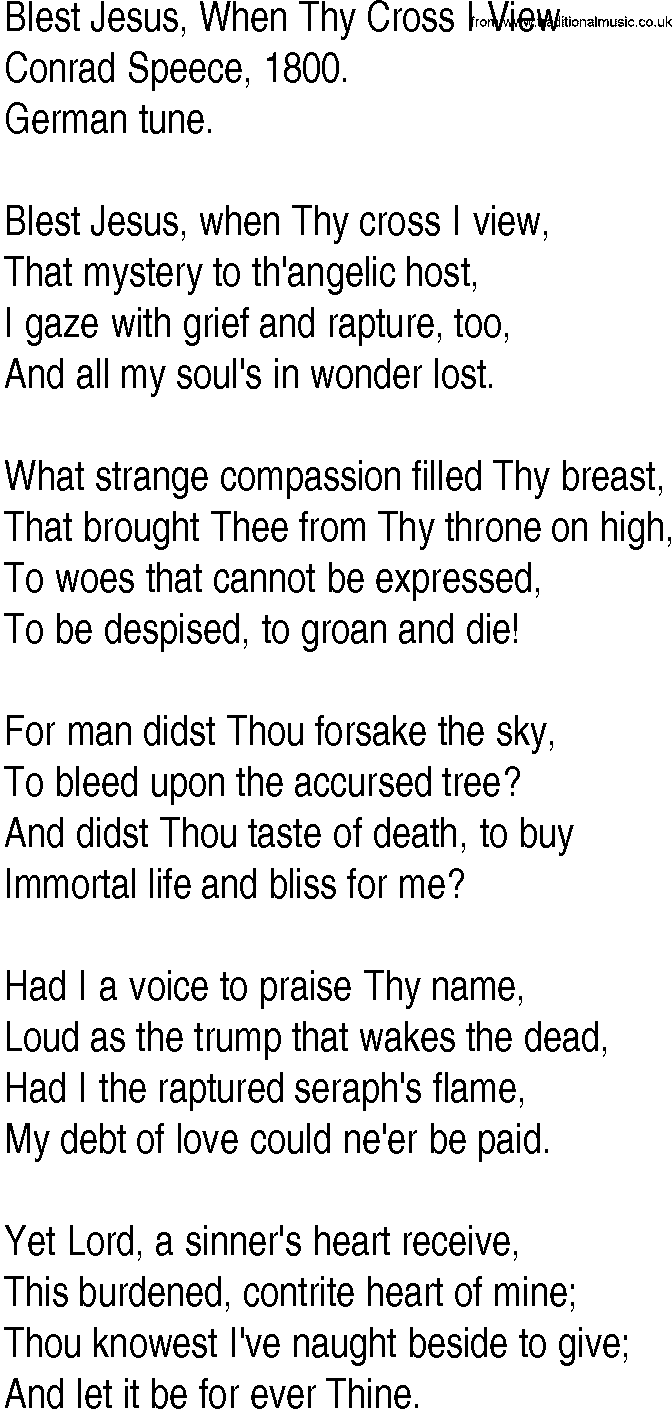 Hymn and Gospel Song: Blest Jesus, When Thy Cross I View by Conrad Speece lyrics