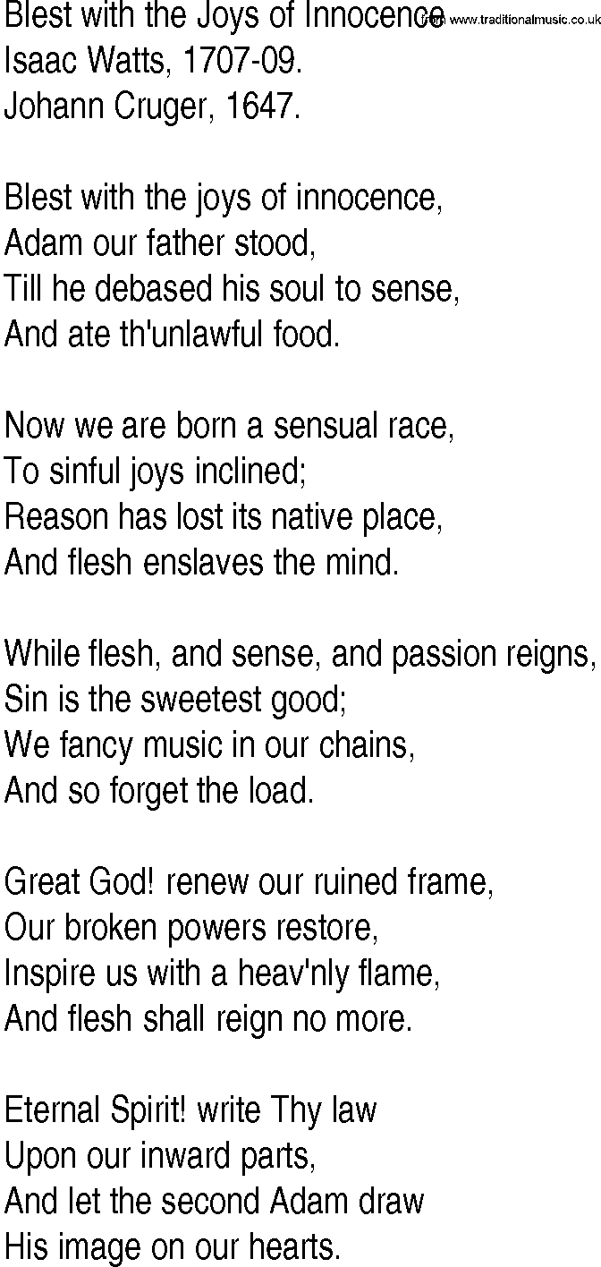 Hymn and Gospel Song: Blest with the Joys of Innocence by Isaac Watts lyrics