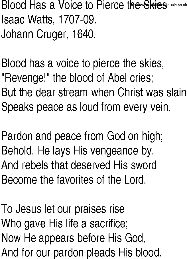 Hymn and Gospel Song: Blood Has a Voice to Pierce the Skies by Isaac Watts lyrics