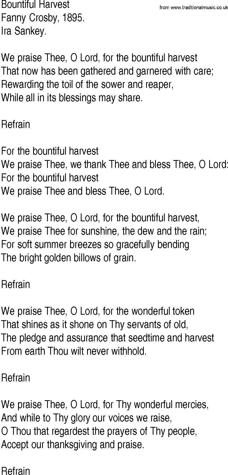 Hymn and Gospel Song: Bountiful Harvest by Fanny Crosby lyrics